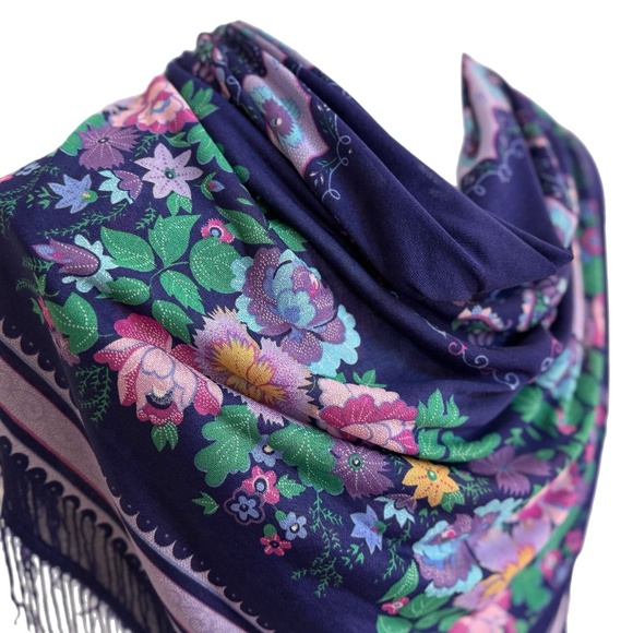 Vintage Saks Fifth Avenue Floral Scarf | Dark Purple Square with Fringe - Picture 3 of 10